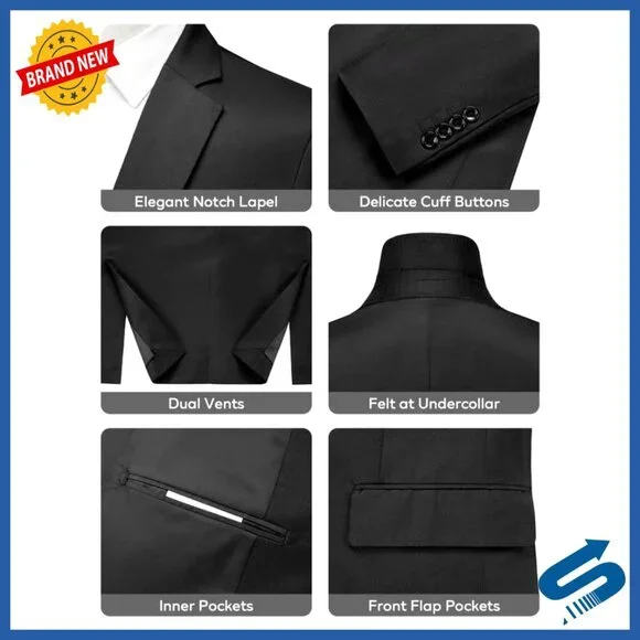 Slim Fit 3-Piece Suit Set Polyester Business Wedding Formal Blazer Vest Pants